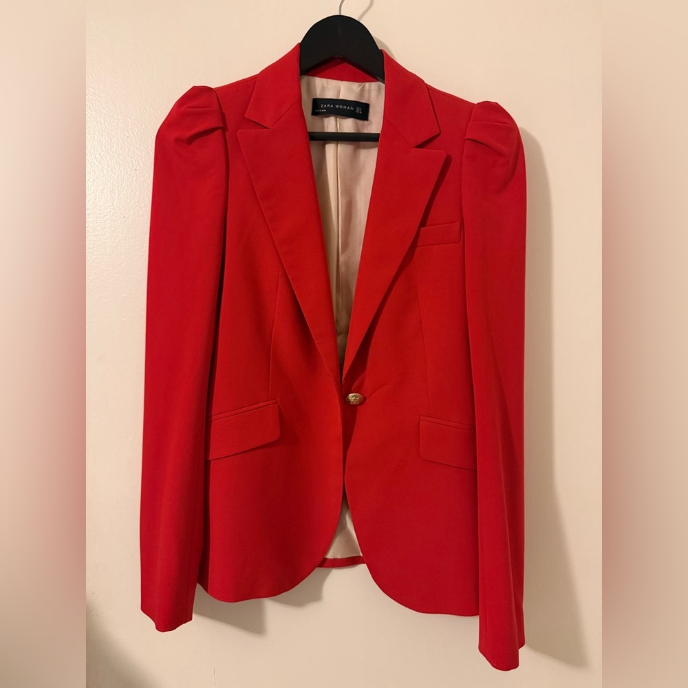 Zara Woman puff sleeve Bright Red Single-Button Blazer